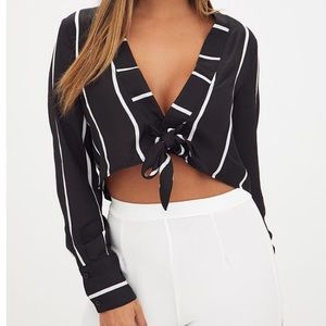 Black Tie Front Striped Cropped Blouse